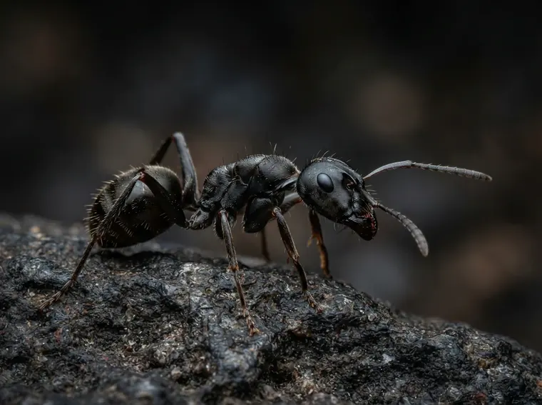 Macro profile of a large black ant with pronounced mandibles on dark rock