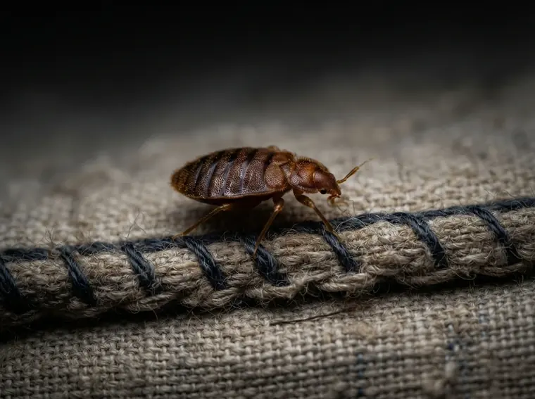 Reddish-brown bed bug on the seam of a woven mattress fabric