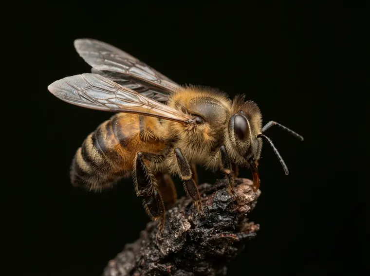 Close-up of a honeybee with a striped, fuzzy abdomen and translucent wings perched on a twig
