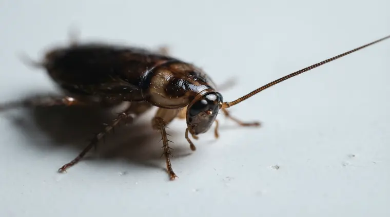 Macro shot of a dark brown cockroach with long antennae and spined legs on a white surface