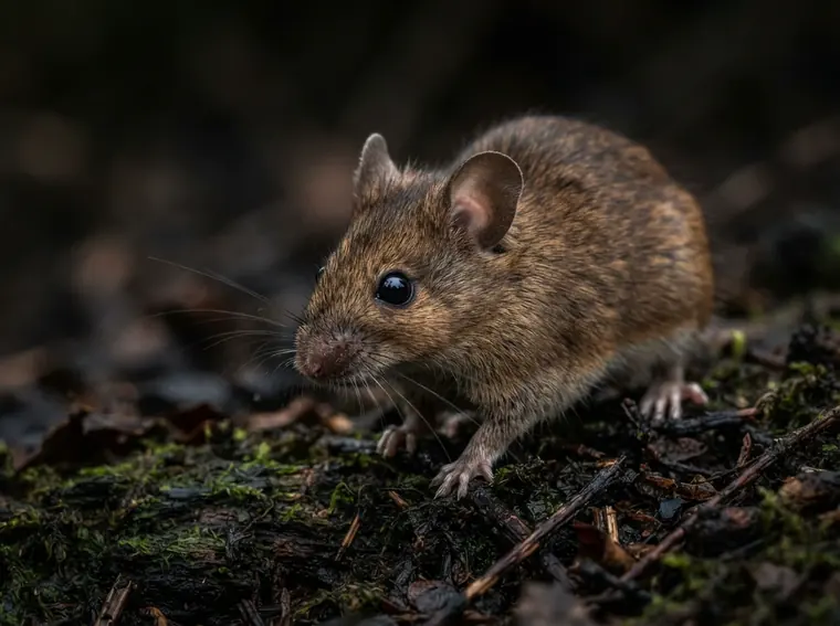 Close-up of a house mouse with prominent whiskers and dark eyes among leaf litter