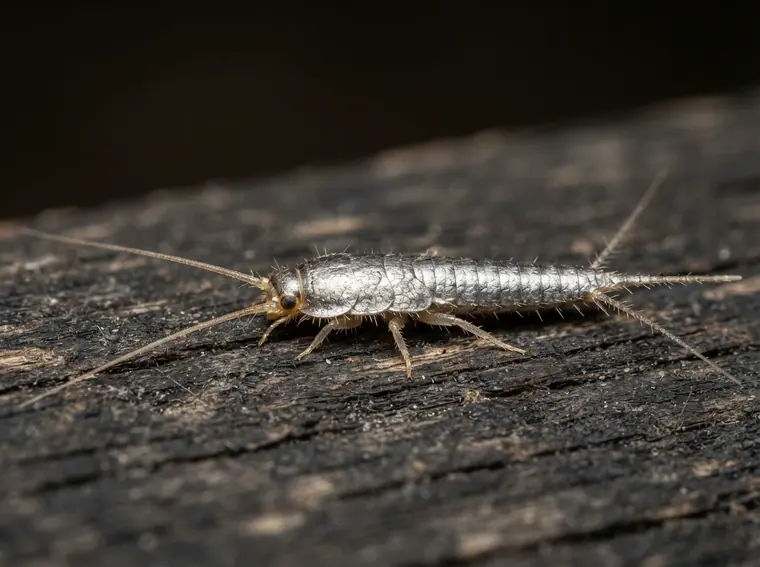 Silvery silverfish with long antennae and tail bristles on dark timber