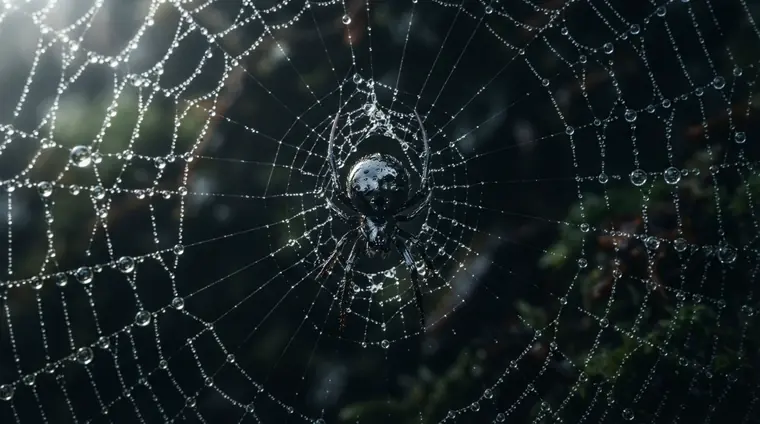 Dark orb-weaver spider at the centre of a dew-covered web, backlit in a garden