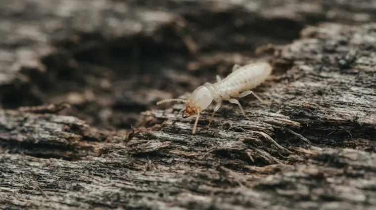 Pale, translucent worker termite emerging from a hollowed-out timber void